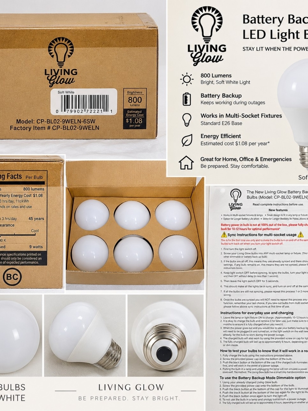 Living Glow Battery Backup LED Light Bulbs 6-Pack Soft White 800 Lumens New